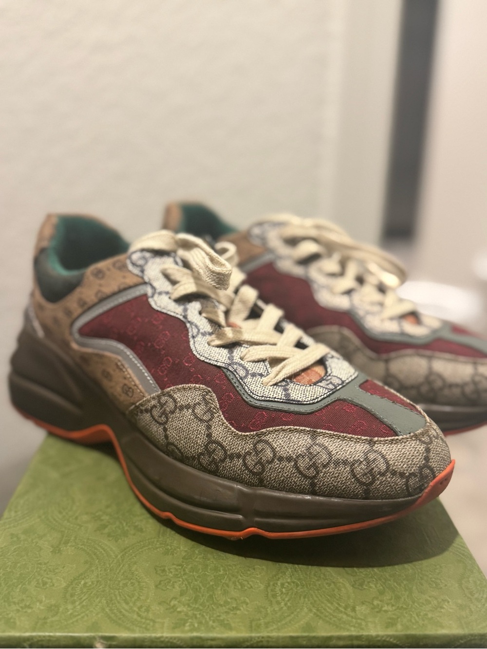 Gucci Multicolor GG Monogram Runner Sneakers - Burgundy, Beige, Teal, Orange - Picture 7 of 9